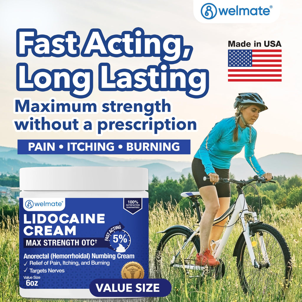 Authentic USA imported WELMATE lidocaine five percent cream packaging displaying the six ounce product volume