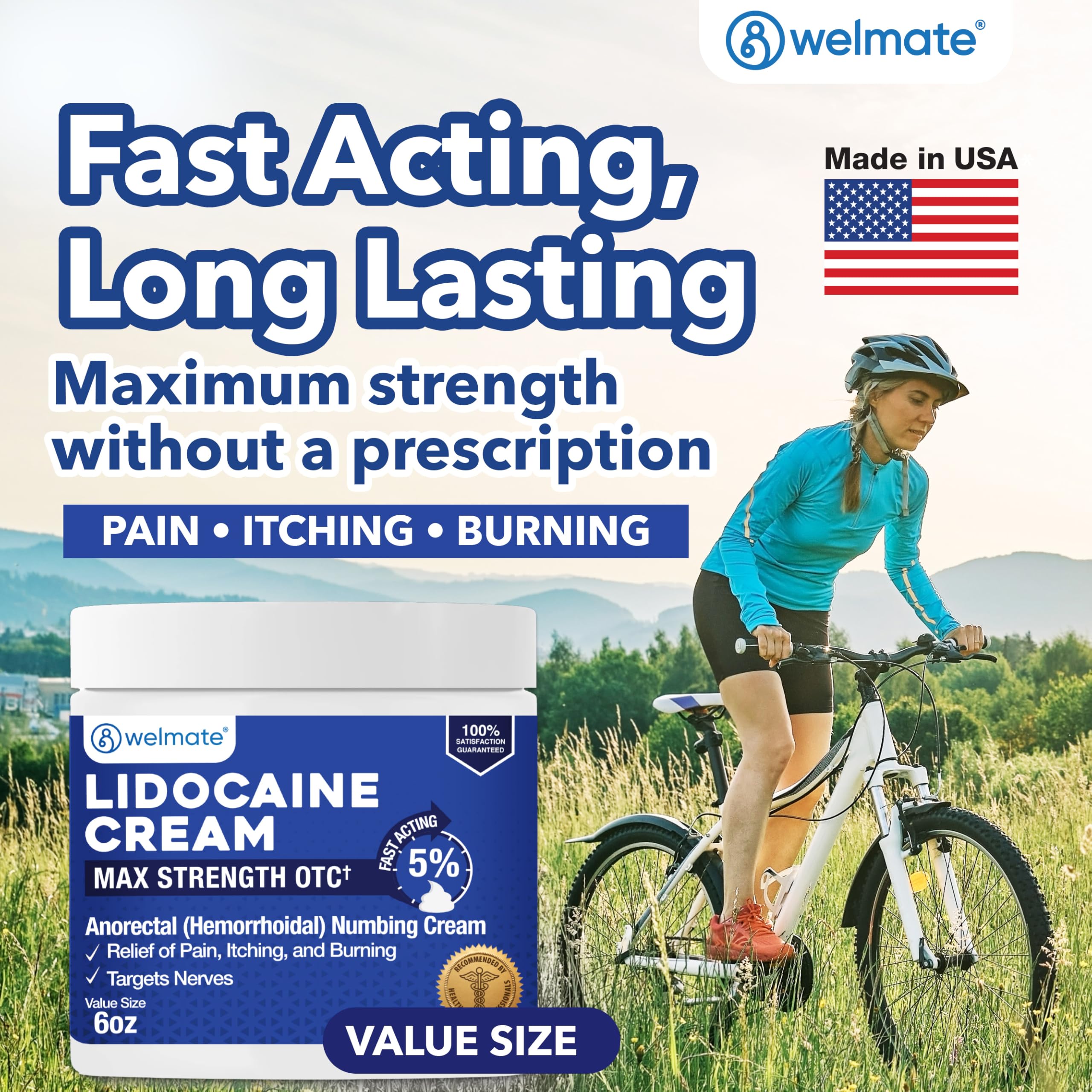 Authentic USA imported WELMATE lidocaine five percent cream packaging displaying the six ounce product volume