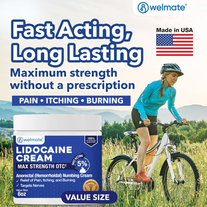 Authentic USA imported WELMATE lidocaine five percent cream packaging displaying the six ounce product volume