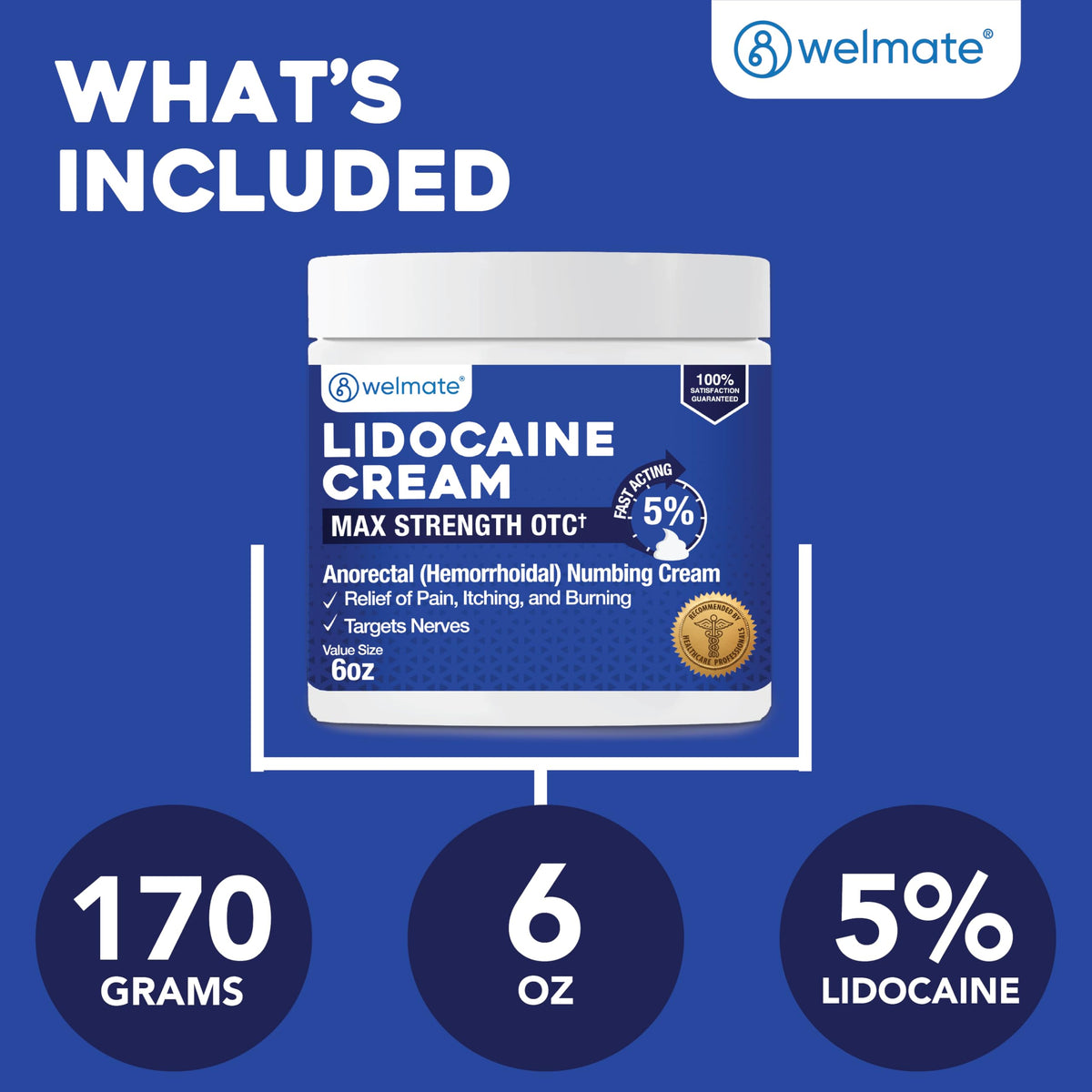 WELMATE fast acting numbing cream for hemorrhoids showing the text highlighting the inclusion of soothing Vitamin E
