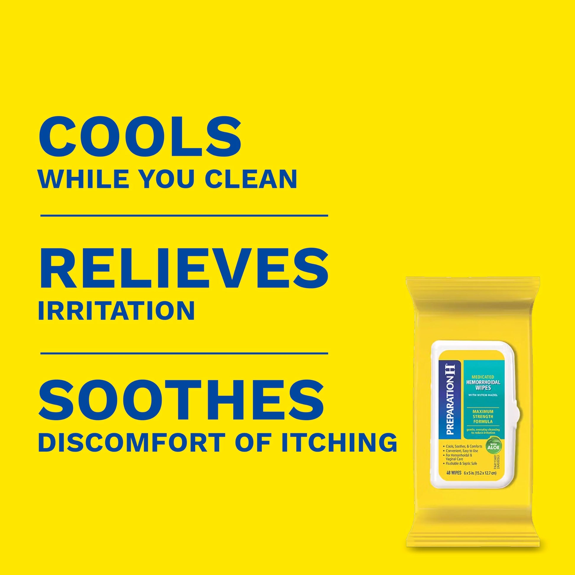 Preparation H medicated wipes with witch hazel and aloe packaging showing product benefits