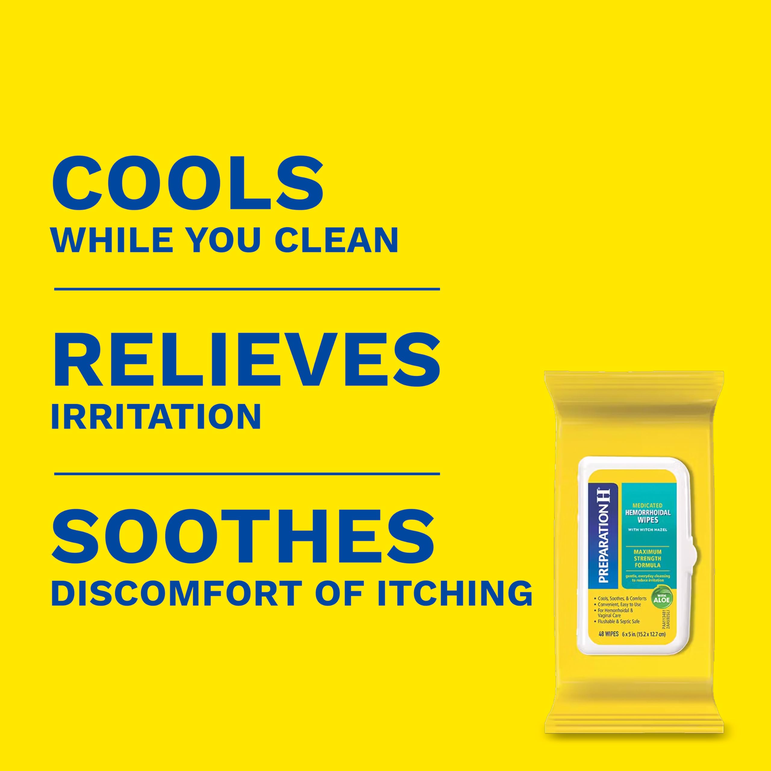 Preparation H medicated wipes with witch hazel and aloe packaging showing product benefits