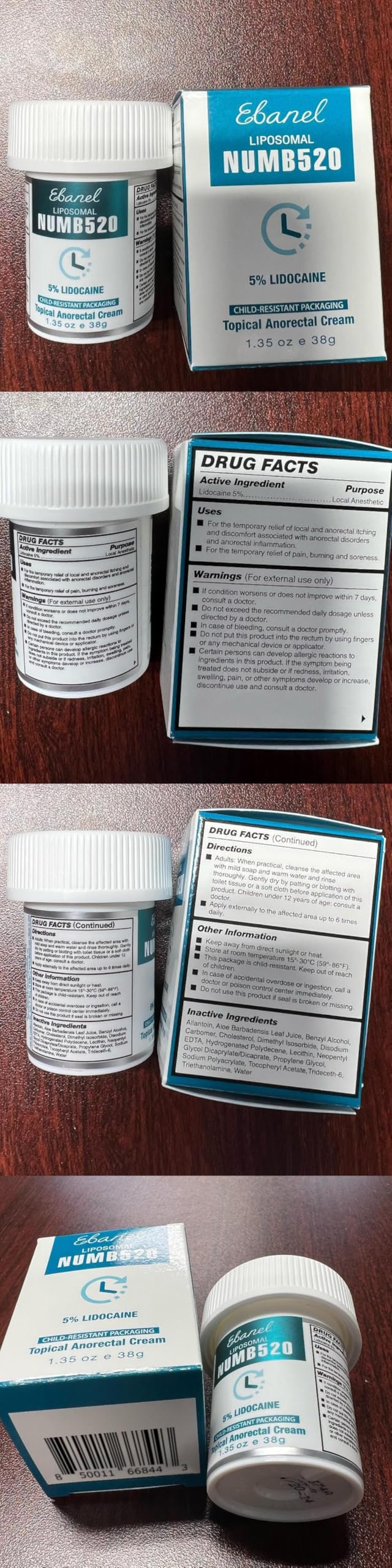 Ebanel local anesthetic cream product label detailing soothing ingredients
