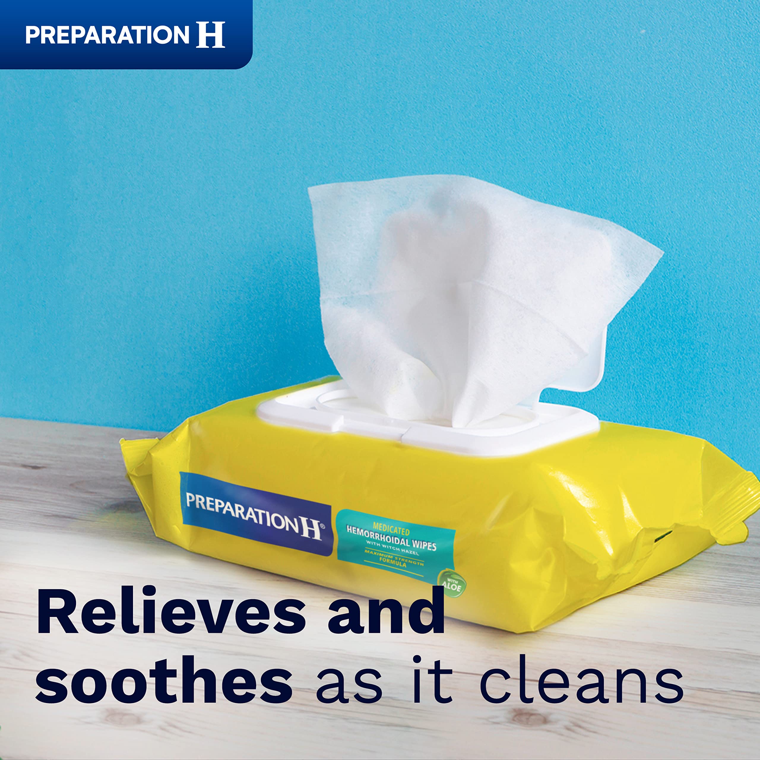 Preparation H medicated wipes pouch showing maximum strength witch hazel formula details.
