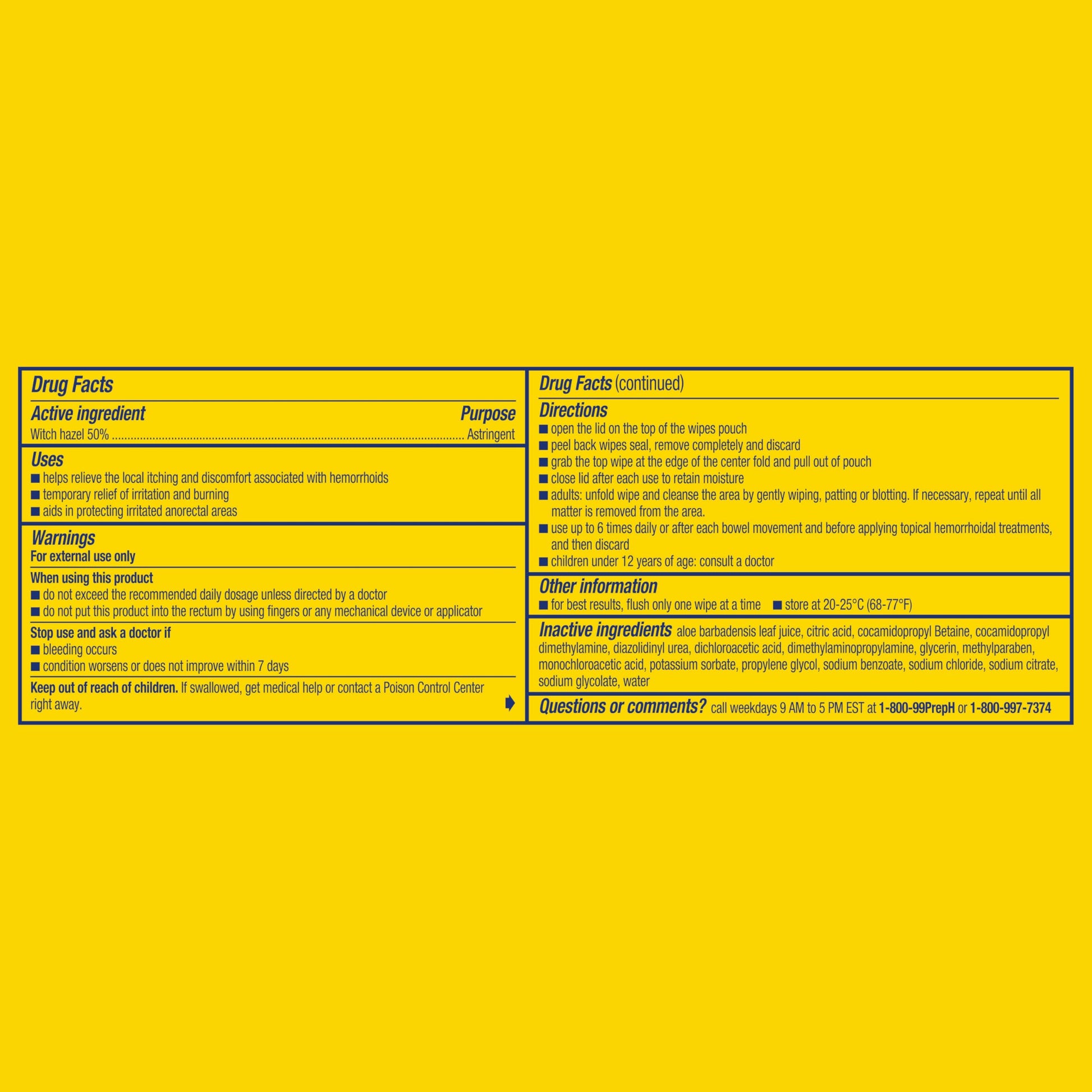 Preparation H maximum strength relief wipes box showcasing witch hazel components.