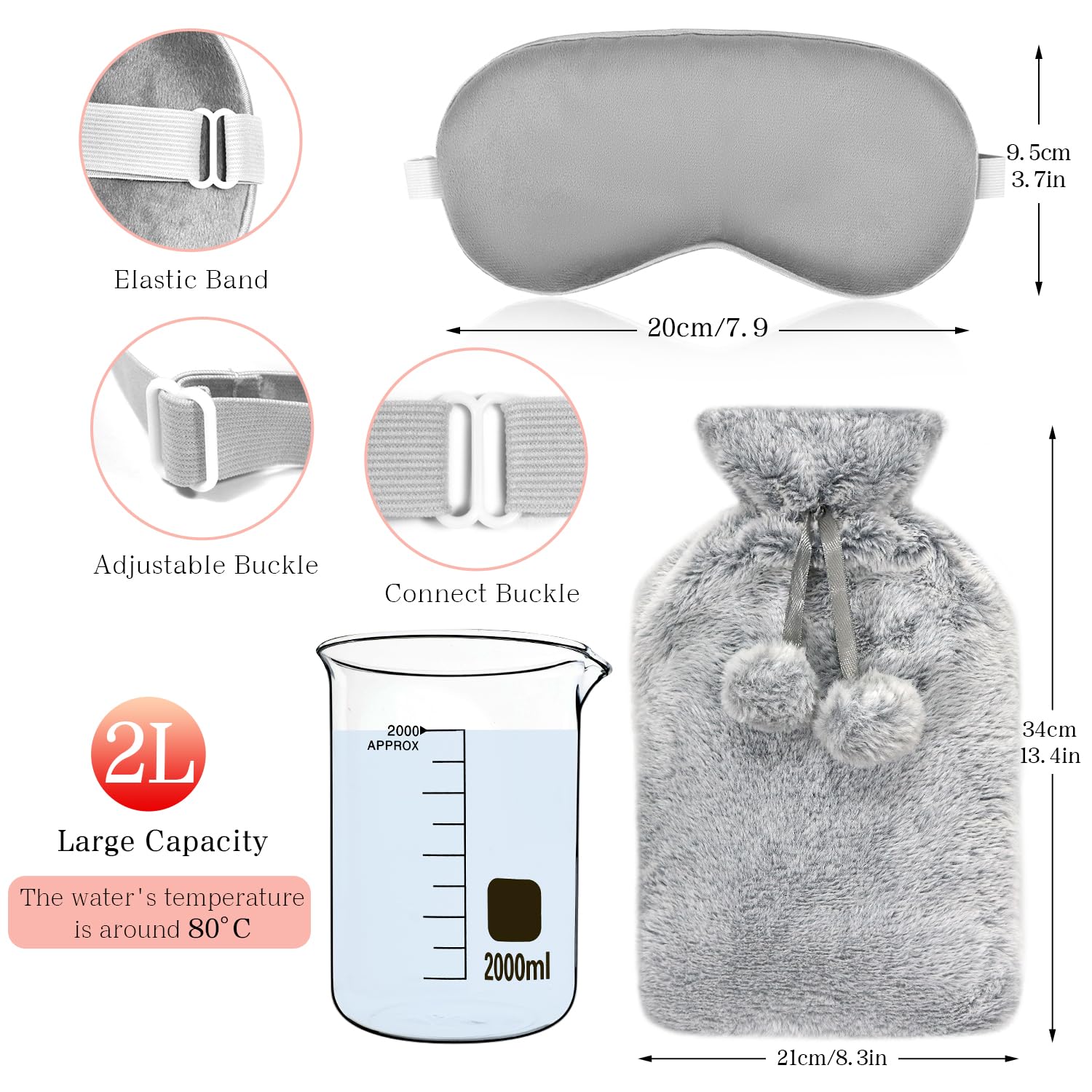 My Novel Things natural rubber heating bottle removed from its fluffy gray cover to demonstrate the durable ribbed material texture.