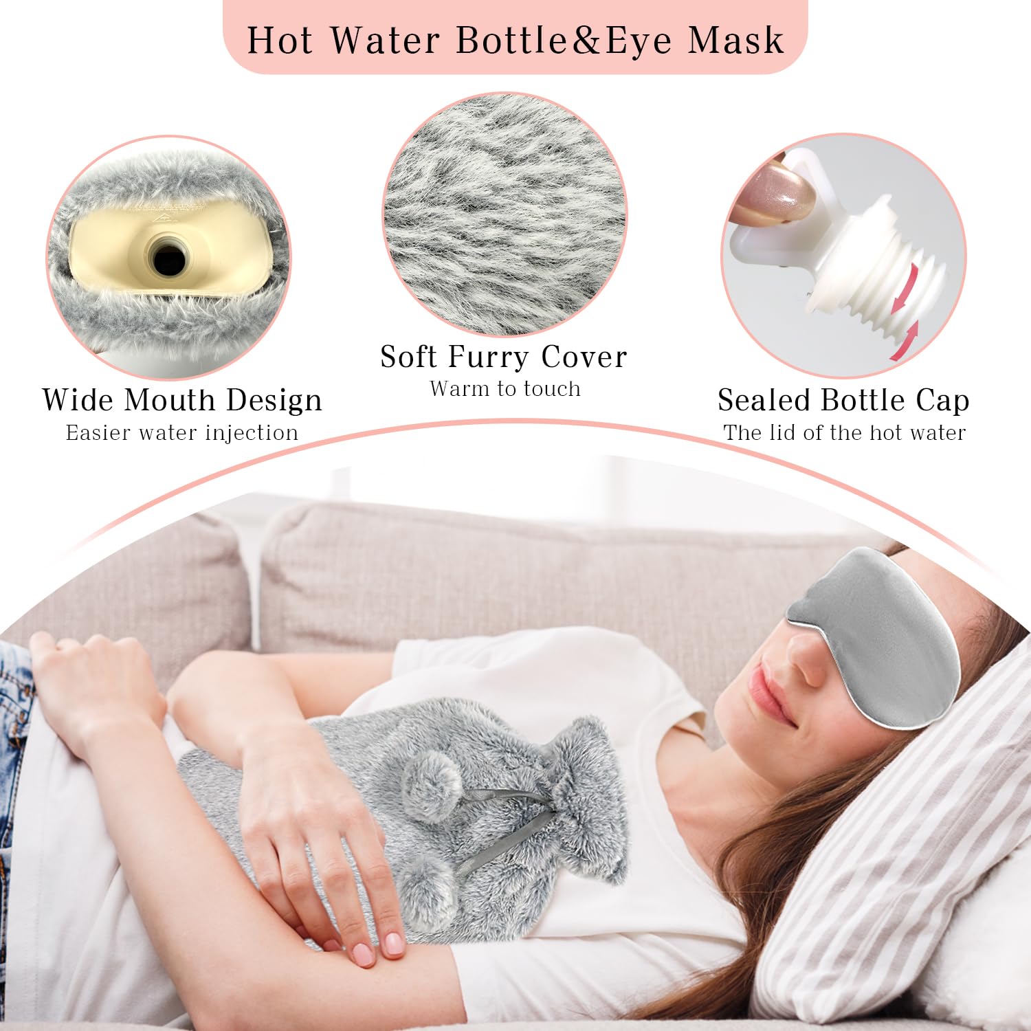 My Novel Things hot compress set showing the premium gray sleep mask alongside the soft plush covered hot water bag for relaxation.