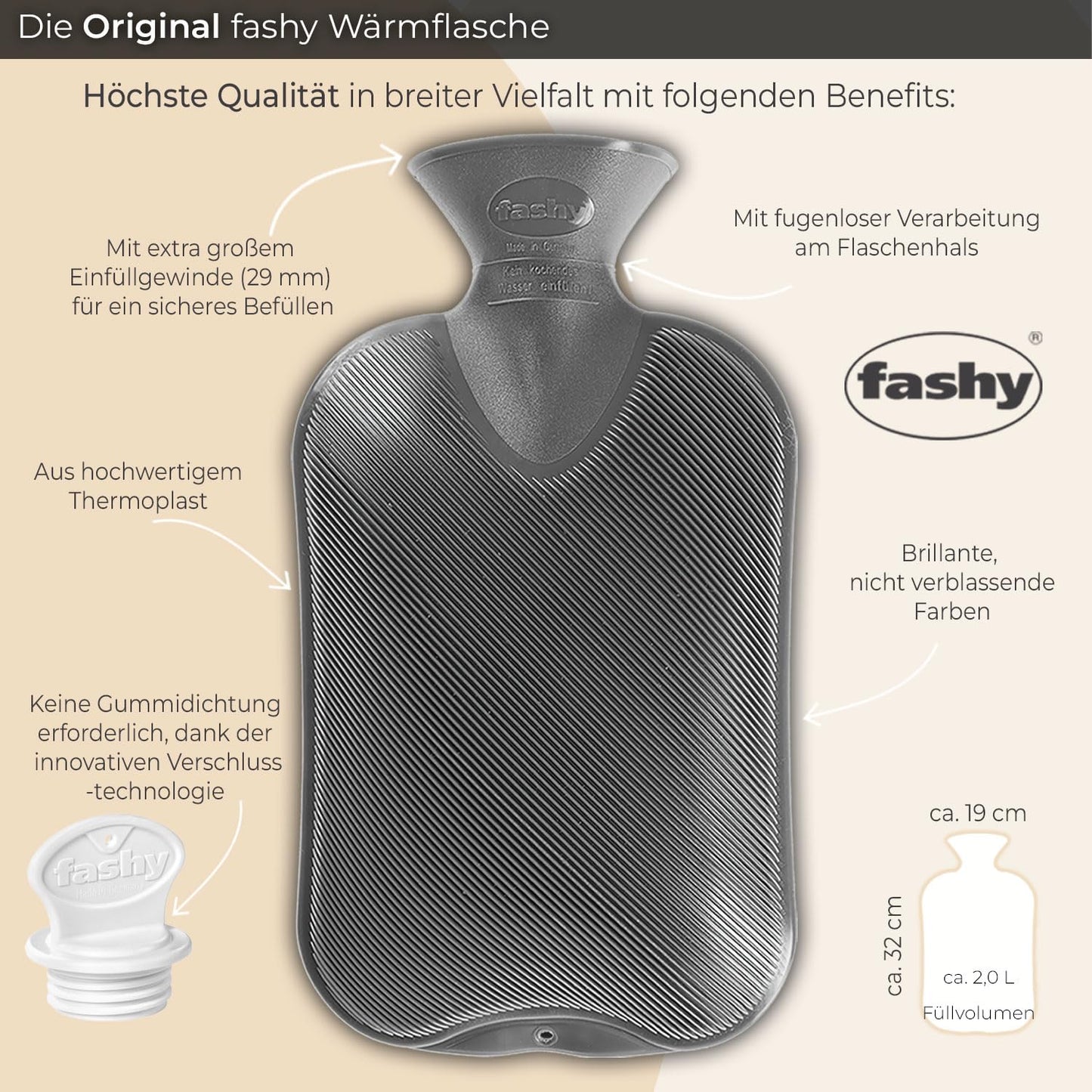 Side profile of Fashy 2.0 litre hot water bottle