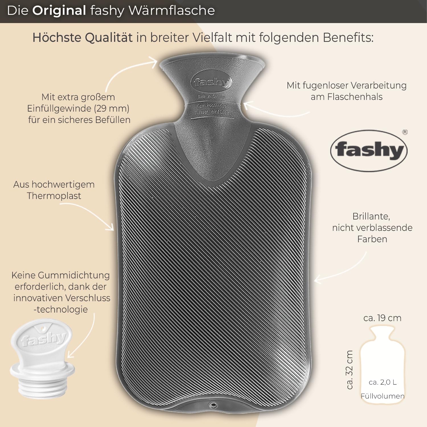 Side profile of Fashy 2.0 litre hot water bottle