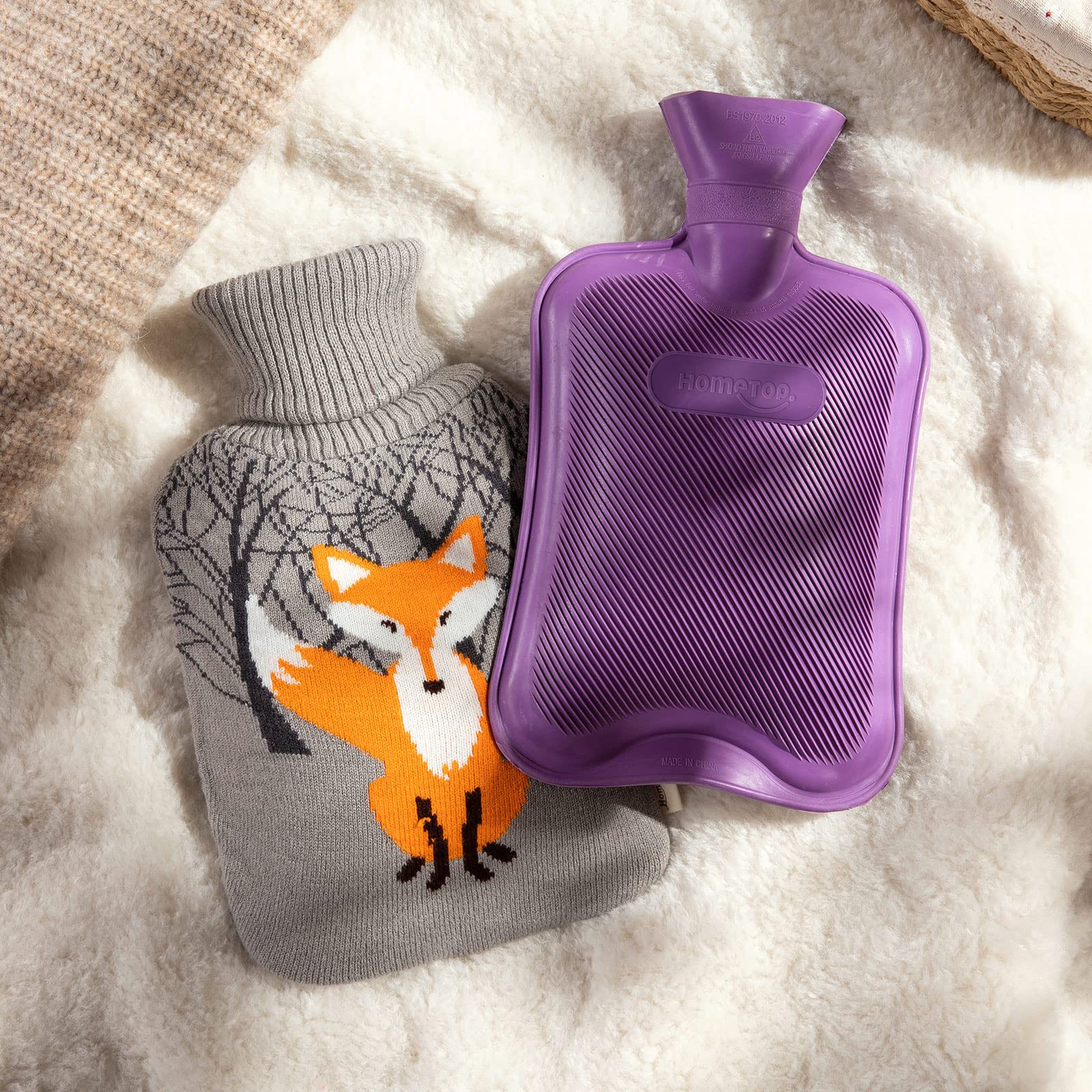 Natural rubber hot water bag with ribbed texture