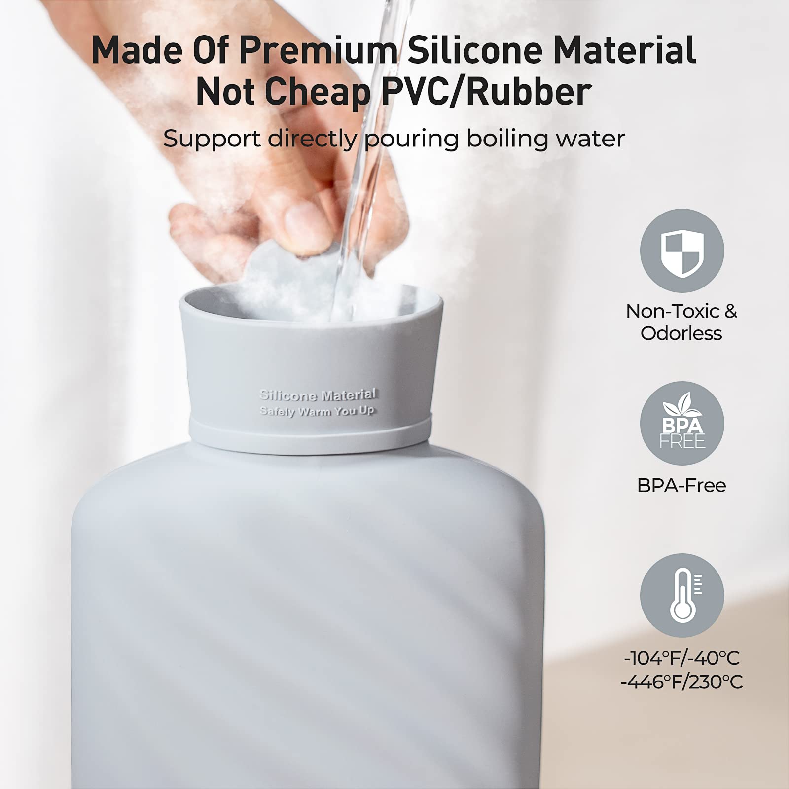 Premium food grade silicone hot water bag in upright position showing the stable flat base for safe filling.
