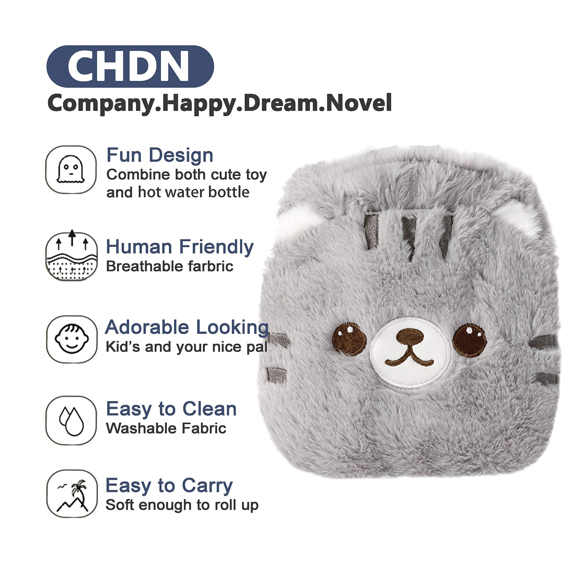 CHDN premium imported rubber hot pack showing texture detail of the soft polyester faux fur.