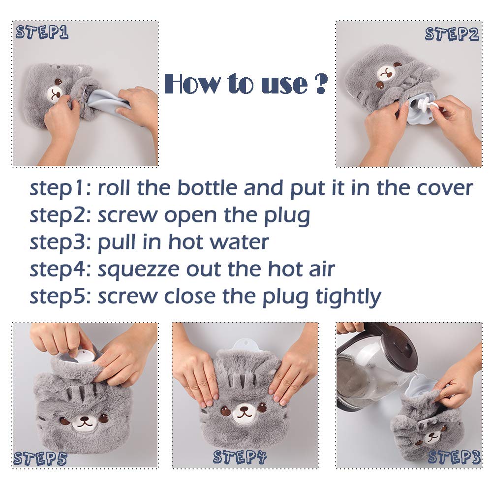 CHDN durable home remedy hot water bottle packaging view demonstrating proper safe usage instructions.