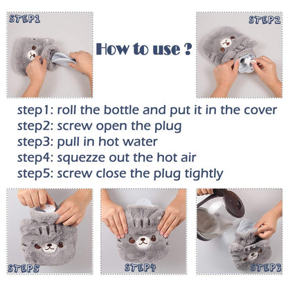 CHDN durable home remedy hot water bottle packaging view demonstrating proper safe usage instructions.