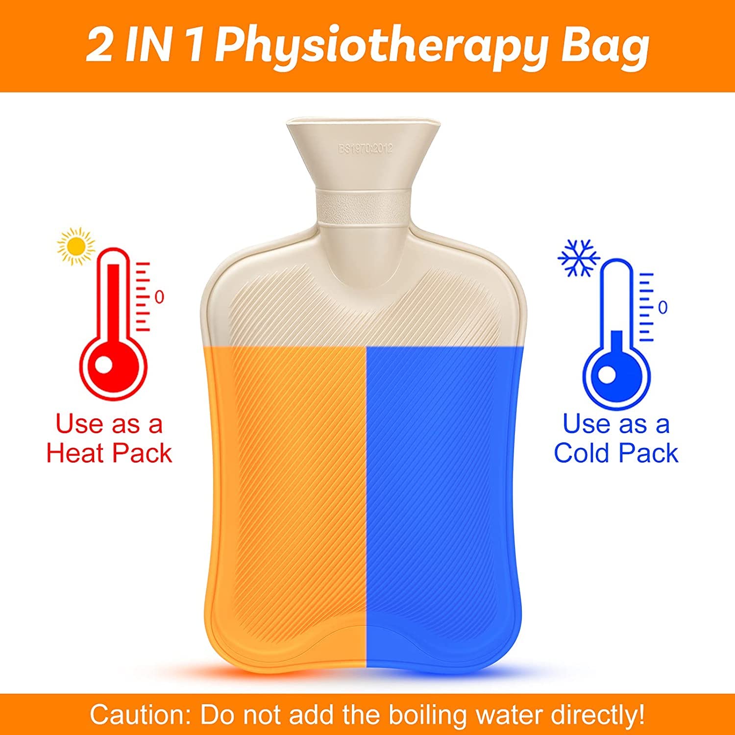 CCMRCQ 2 Litre natural rubber hot water bag showing the secure leakproof screw cap closure.