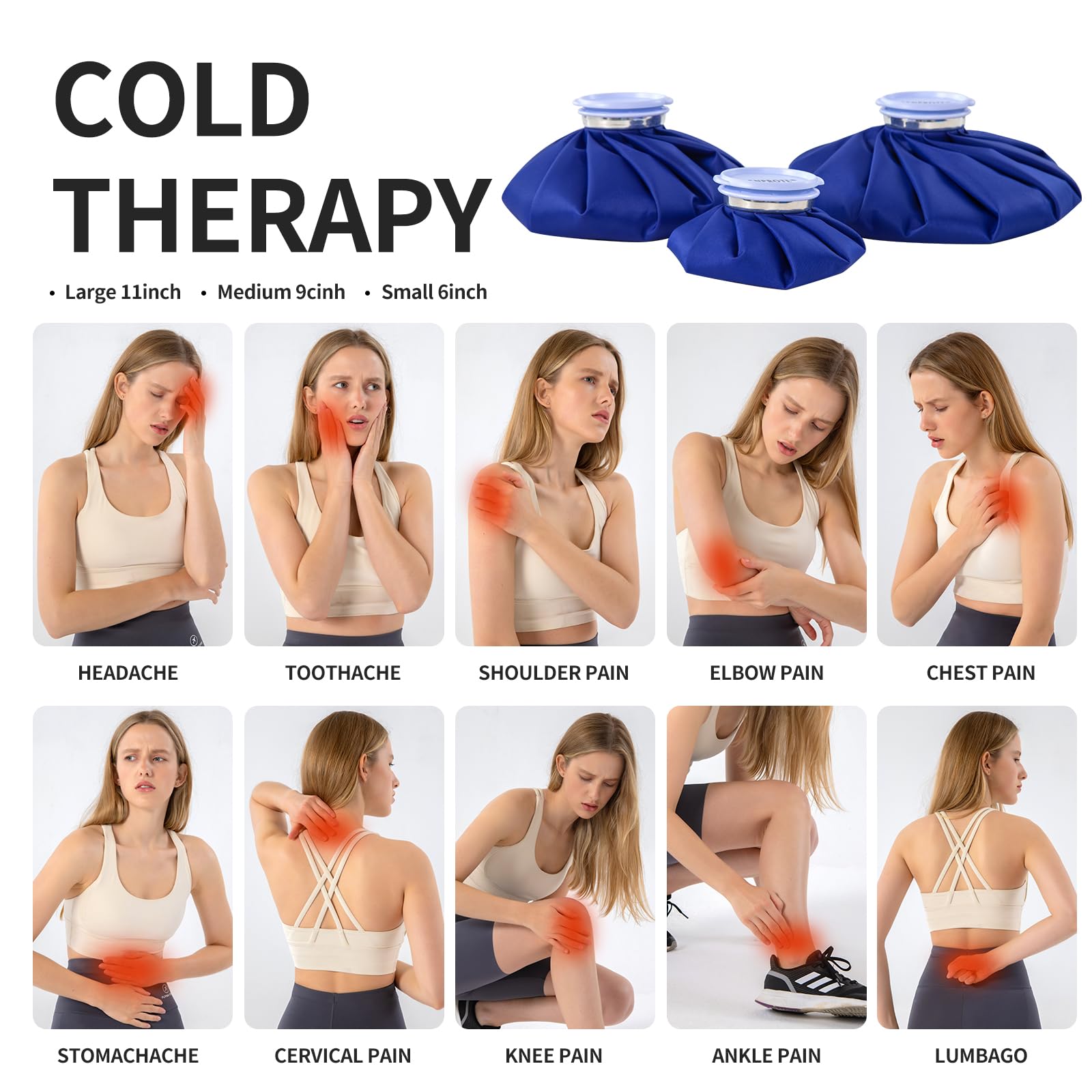 Refillable fabric injury ice pack showing the wide mouth open top design for easy ice filling