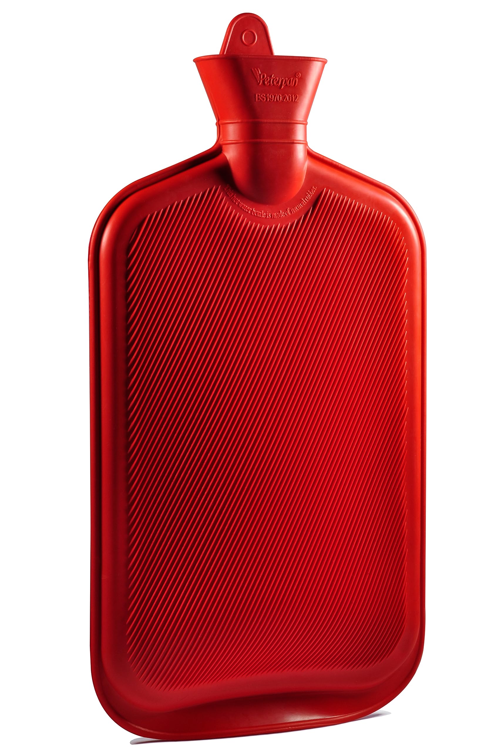 Peterpan three liter hot water bag inside its soft removable gray fleece cover for comfortable skin application.