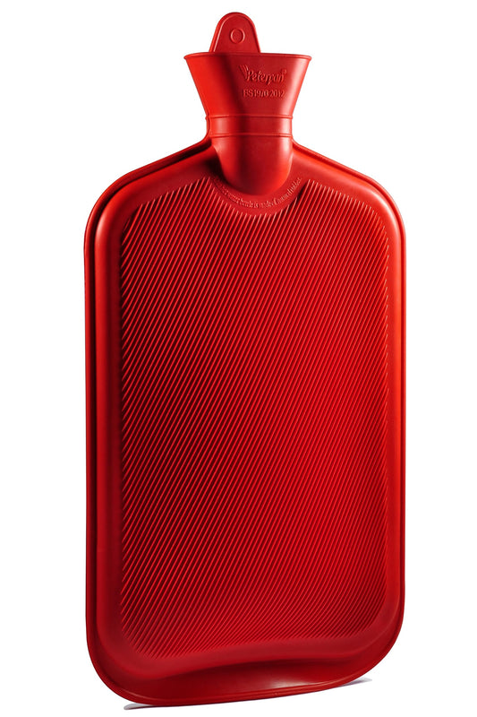 Peterpan three liter hot water bag inside its soft removable gray fleece cover for comfortable skin application.