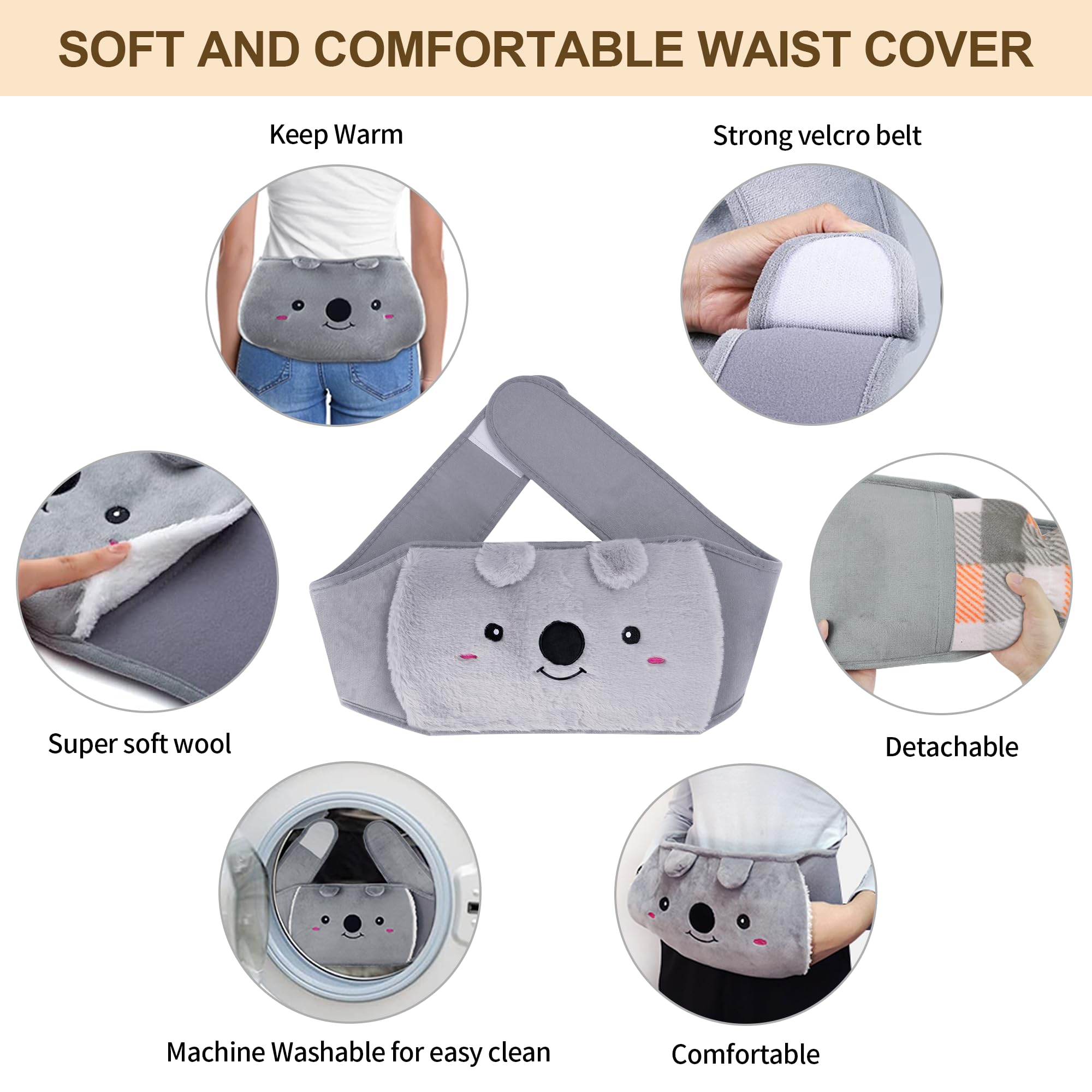 Wearable hot water pouch with one hundred and thirty centimeter soft plush belt wrap