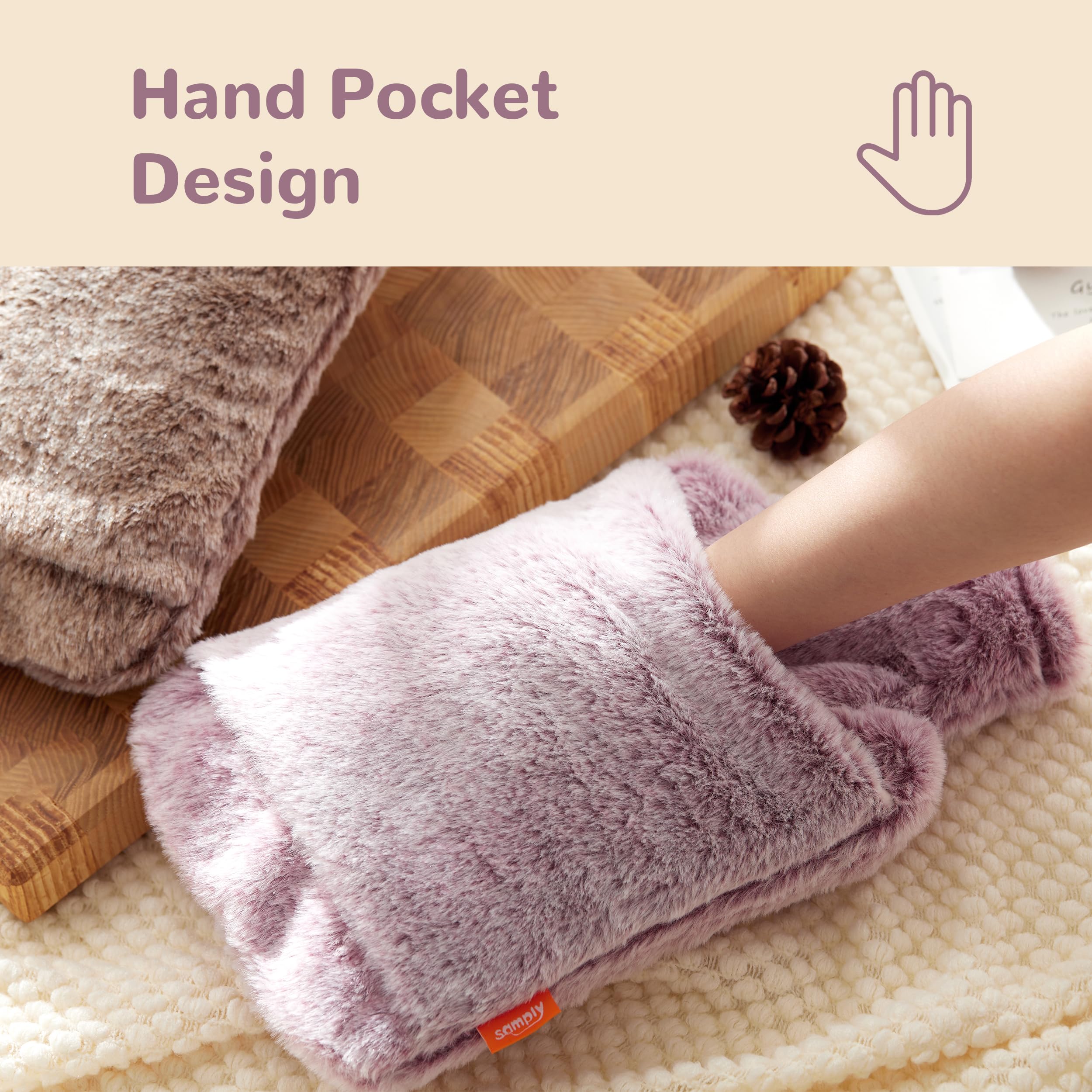 Samply pink hot water bag enclosed in its premium plush faux fur protective cover.
