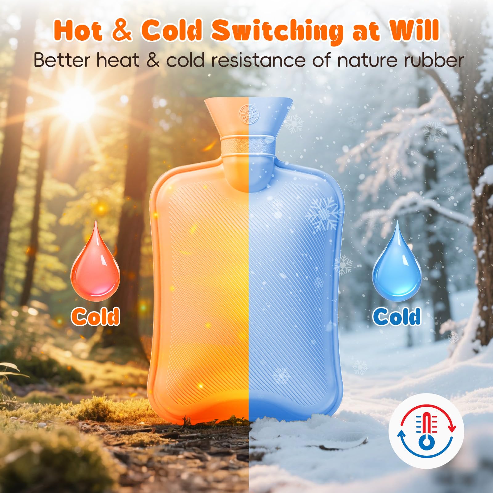 Premium natural rubber hot water bottle with ribbed texture for heat retention.