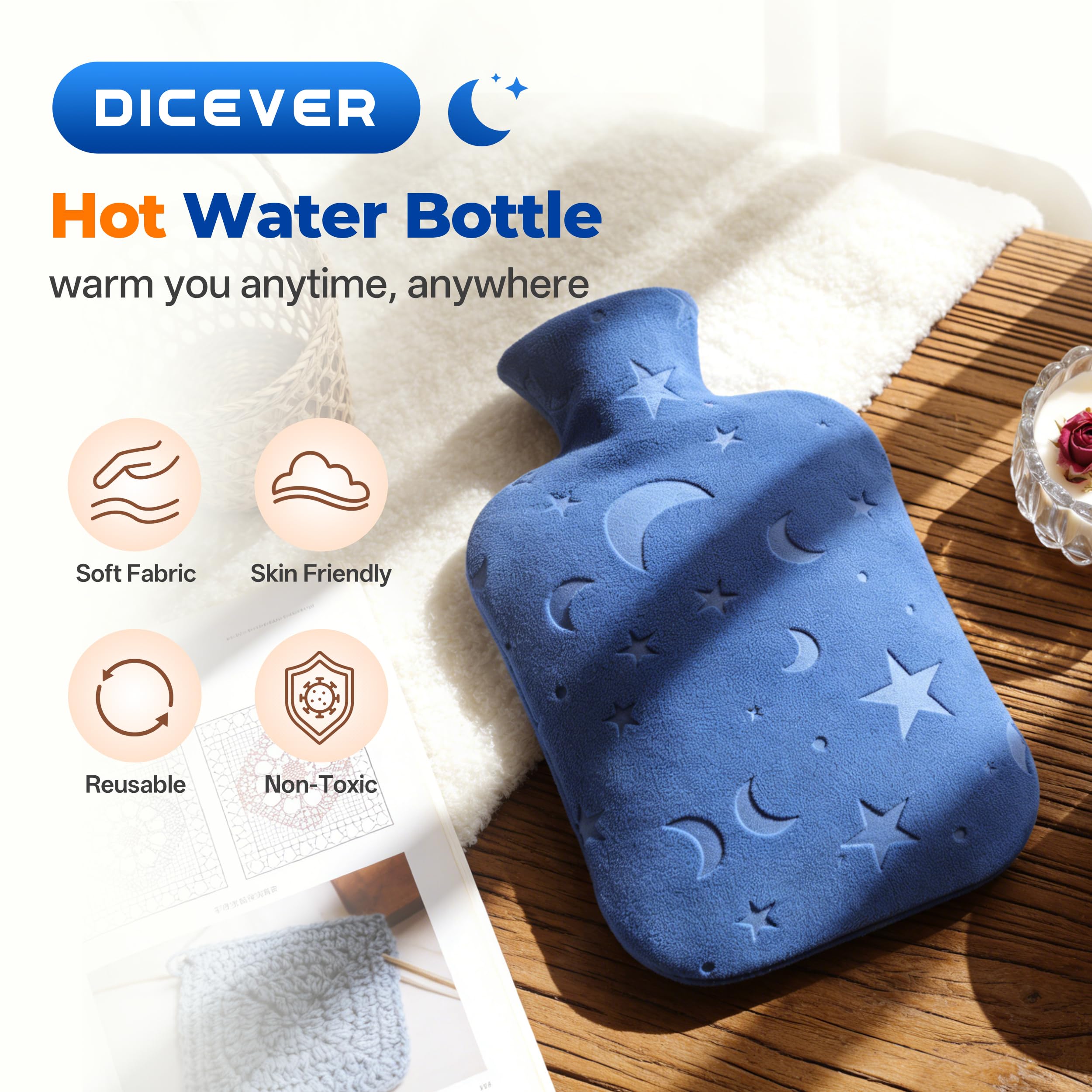 Close up of the leak proof threaded stopper on the DICEVER blue hot water bag.