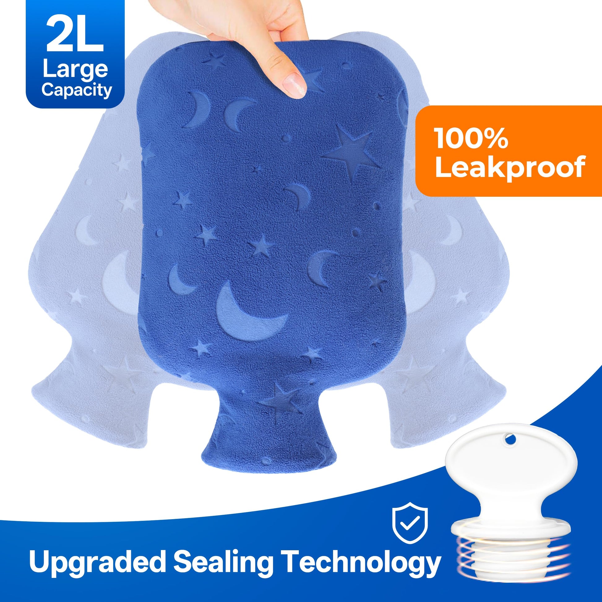 Back view of the blue DICEVER two liter large capacity hot water bag highlighting the soft texture.