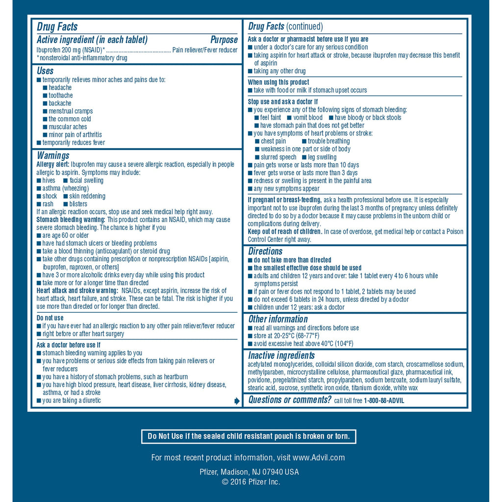 Standard Advil 200mg ibuprofen bottle size and design
