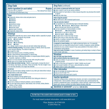Standard Advil 200mg ibuprofen bottle size and design
