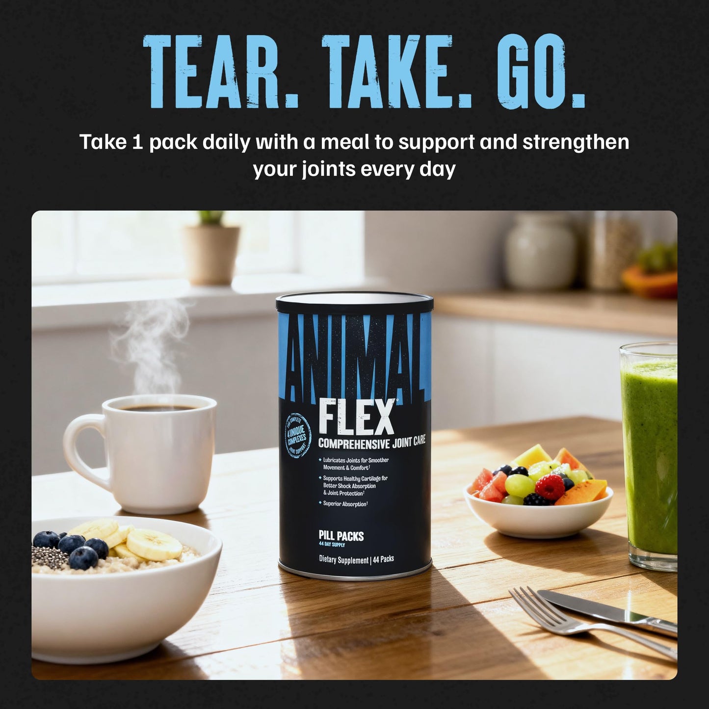 Animal Flex joint support formula packaging showing the complete structural complex details
