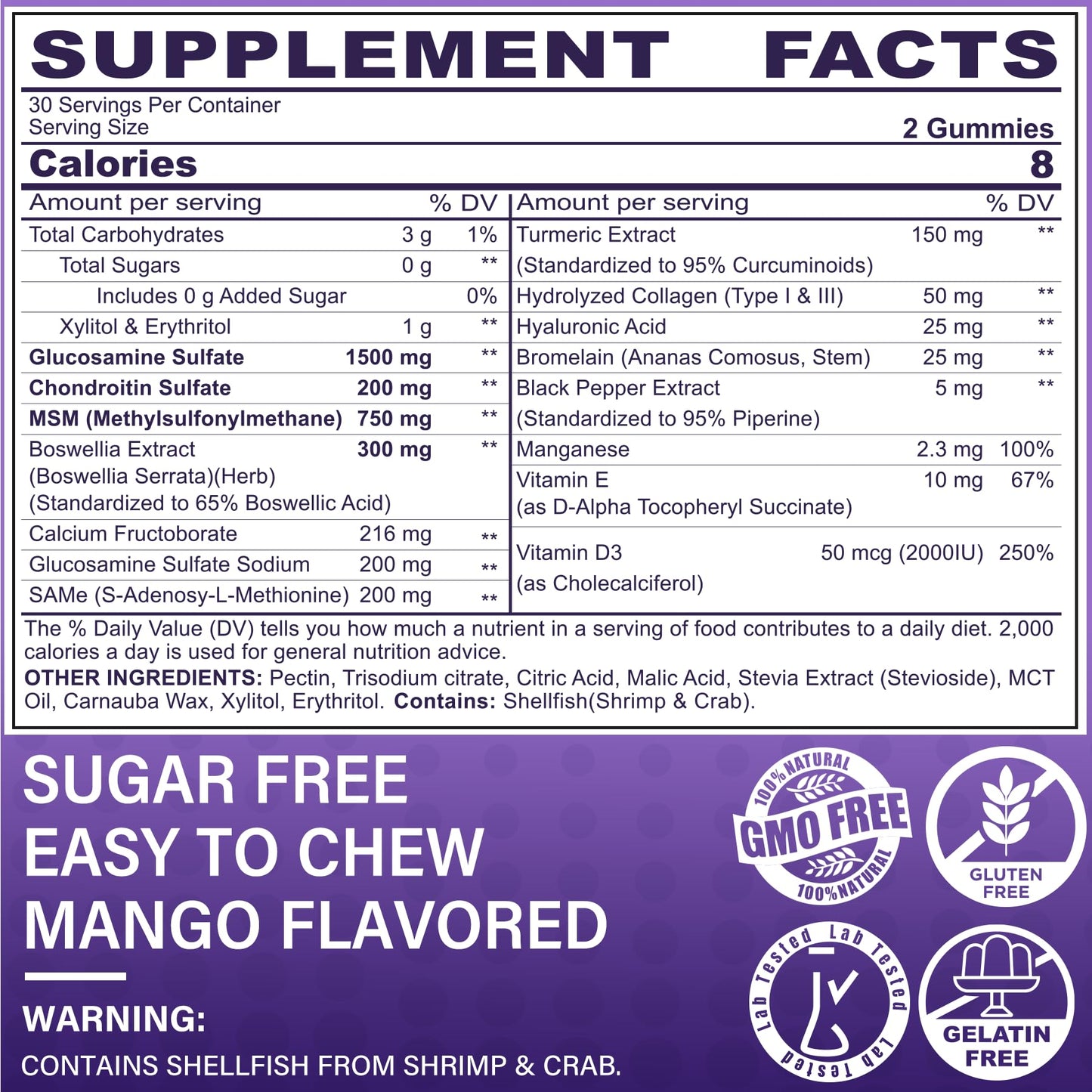 LiliCare joint health gummies nutritional label and ingredient list
