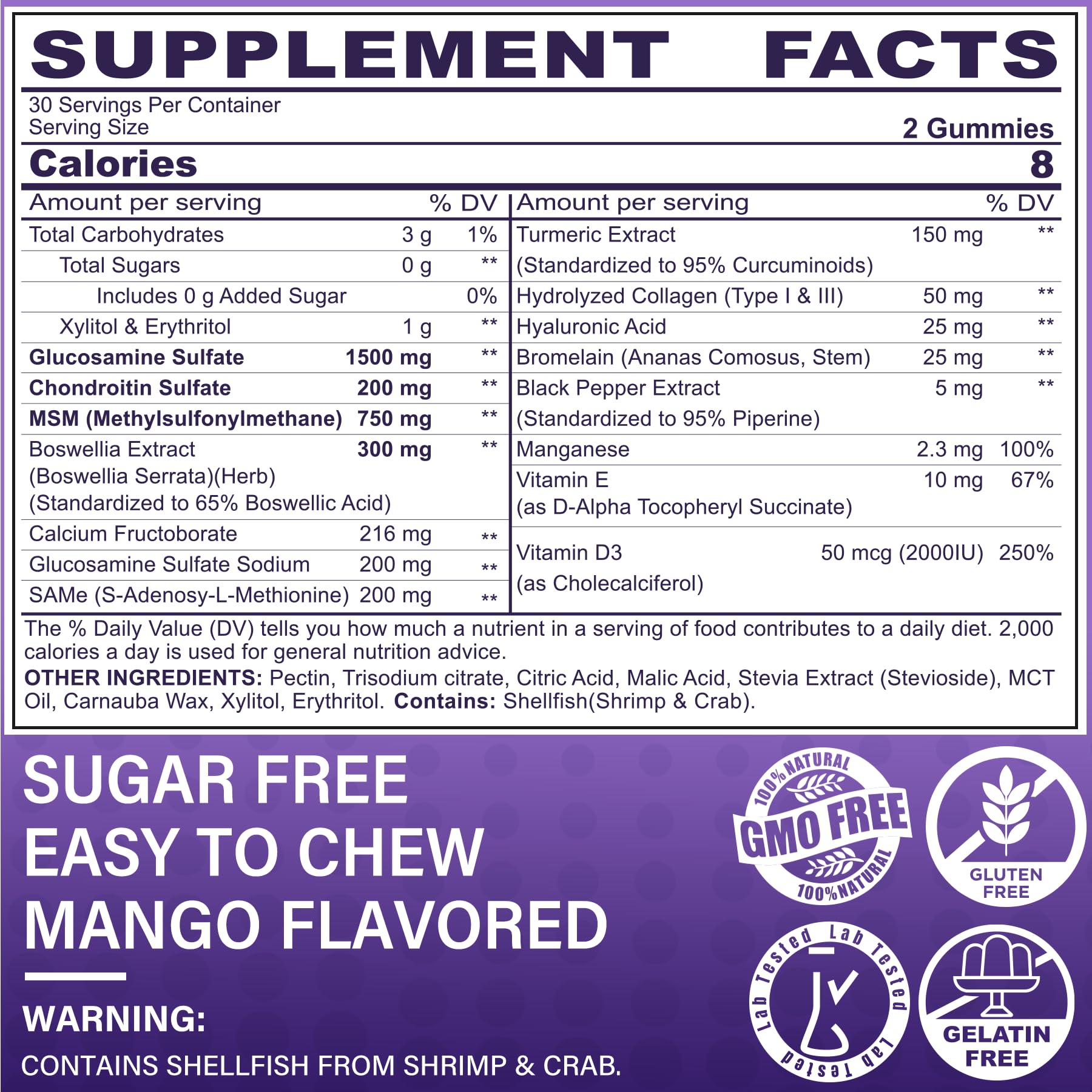 LiliCare joint health gummies nutritional label and ingredient list