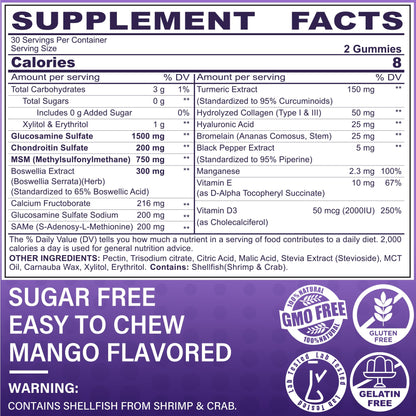 LiliCare joint health gummies nutritional label and ingredient list