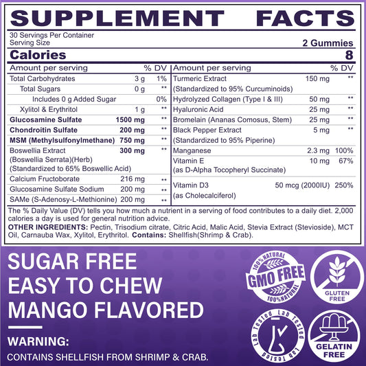 LiliCare joint health gummies nutritional label and ingredient list