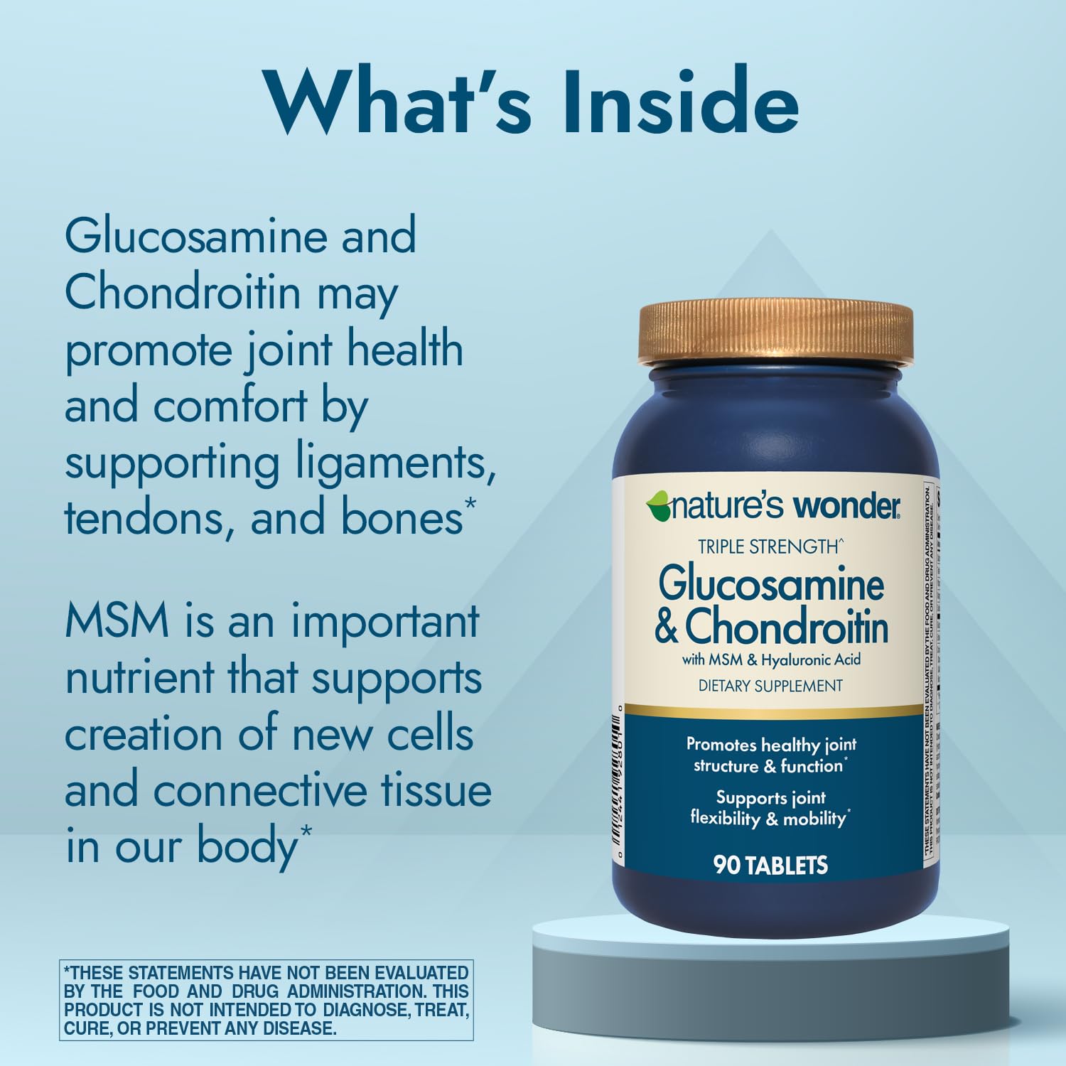 Back label of Natures Wonder Glucosamine Chondroitin showing supplement facts