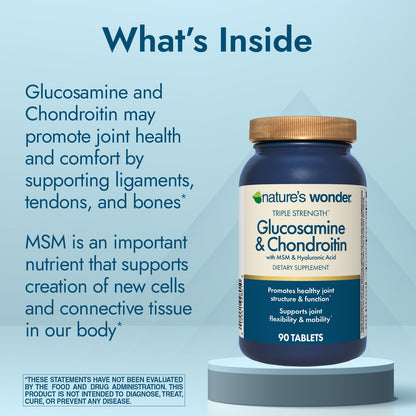Back label of Natures Wonder Glucosamine Chondroitin showing supplement facts