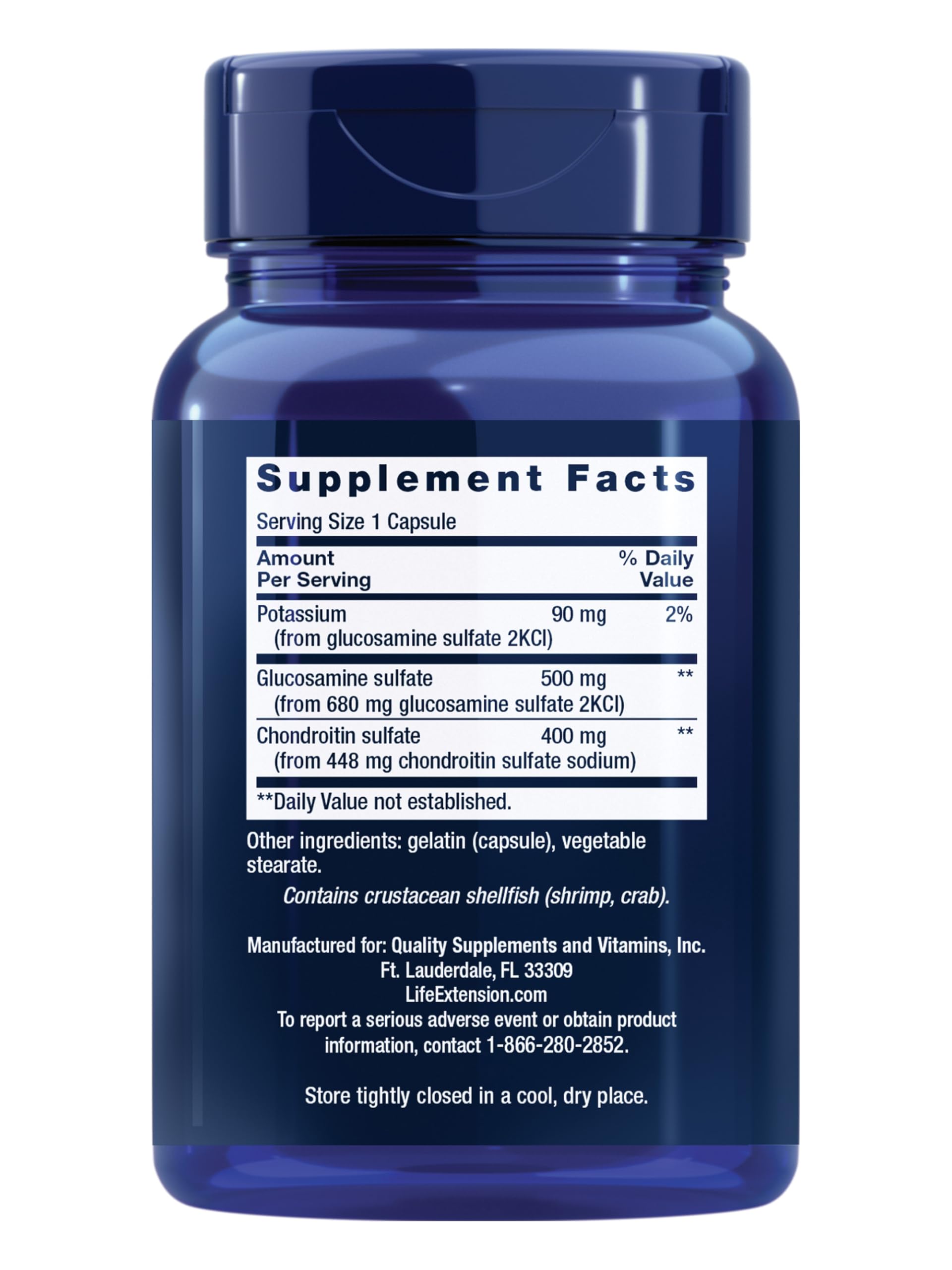 Life Extension Glucosamine and Chondroitin bottle displaying non-GMO and gluten-free certifications