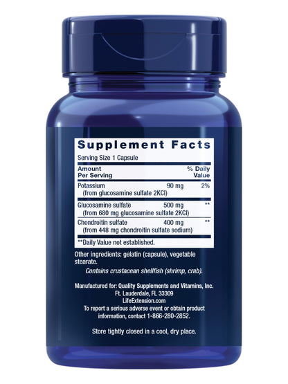 Life Extension Glucosamine and Chondroitin bottle displaying non-GMO and gluten-free certifications