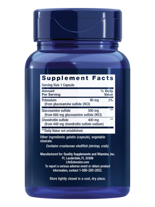 Life Extension Glucosamine and Chondroitin bottle displaying non-GMO and gluten-free certifications