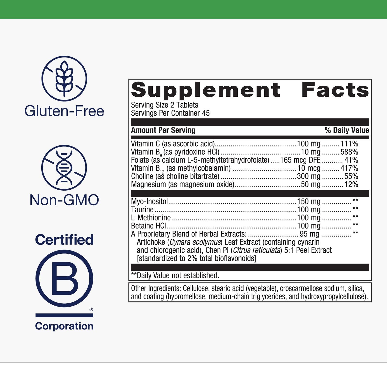 Close-up of the nutritional facts panel on Metagenics Lipo-Gen featuring choline and inositol doses