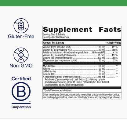 Close-up of the nutritional facts panel on Metagenics Lipo-Gen featuring choline and inositol doses