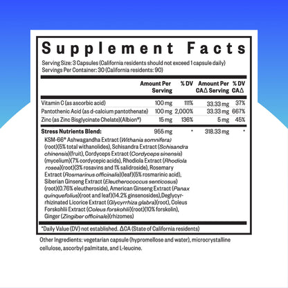 Seeking Health Adrenal Support Supplement side label showcasing KSM-66 Ashwagandha ingredient details.