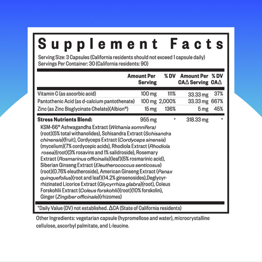 Seeking Health Adrenal Support Supplement side label showcasing KSM-66 Ashwagandha ingredient details.