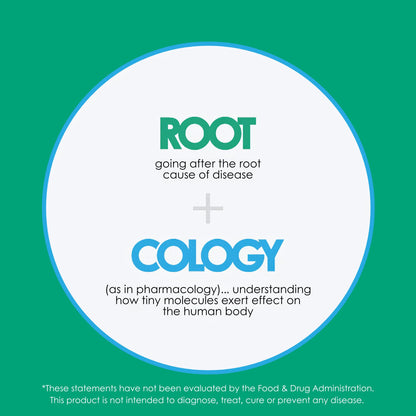 Rootcology Adrenal Support dietary supplement bottle showcasing authentic USA imported packaging.
