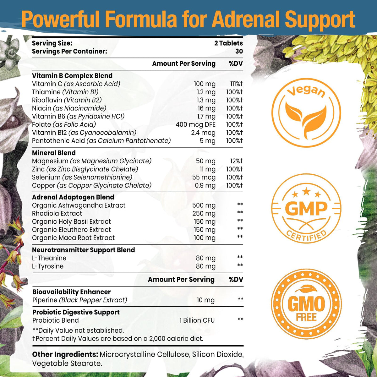 Tervaies adrenal support supplement label details