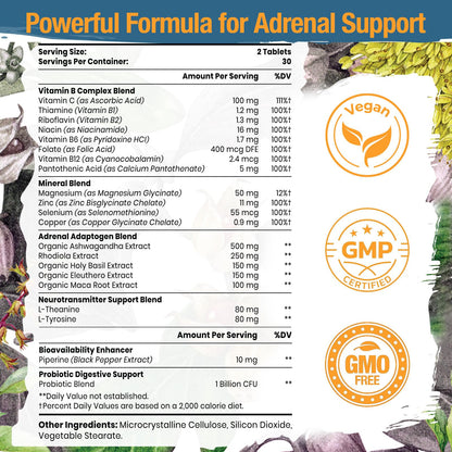 Tervaies Adrenal Support complex packaging detailing the blend of Rhodiola Rosea and Ashwagandha ingredients.