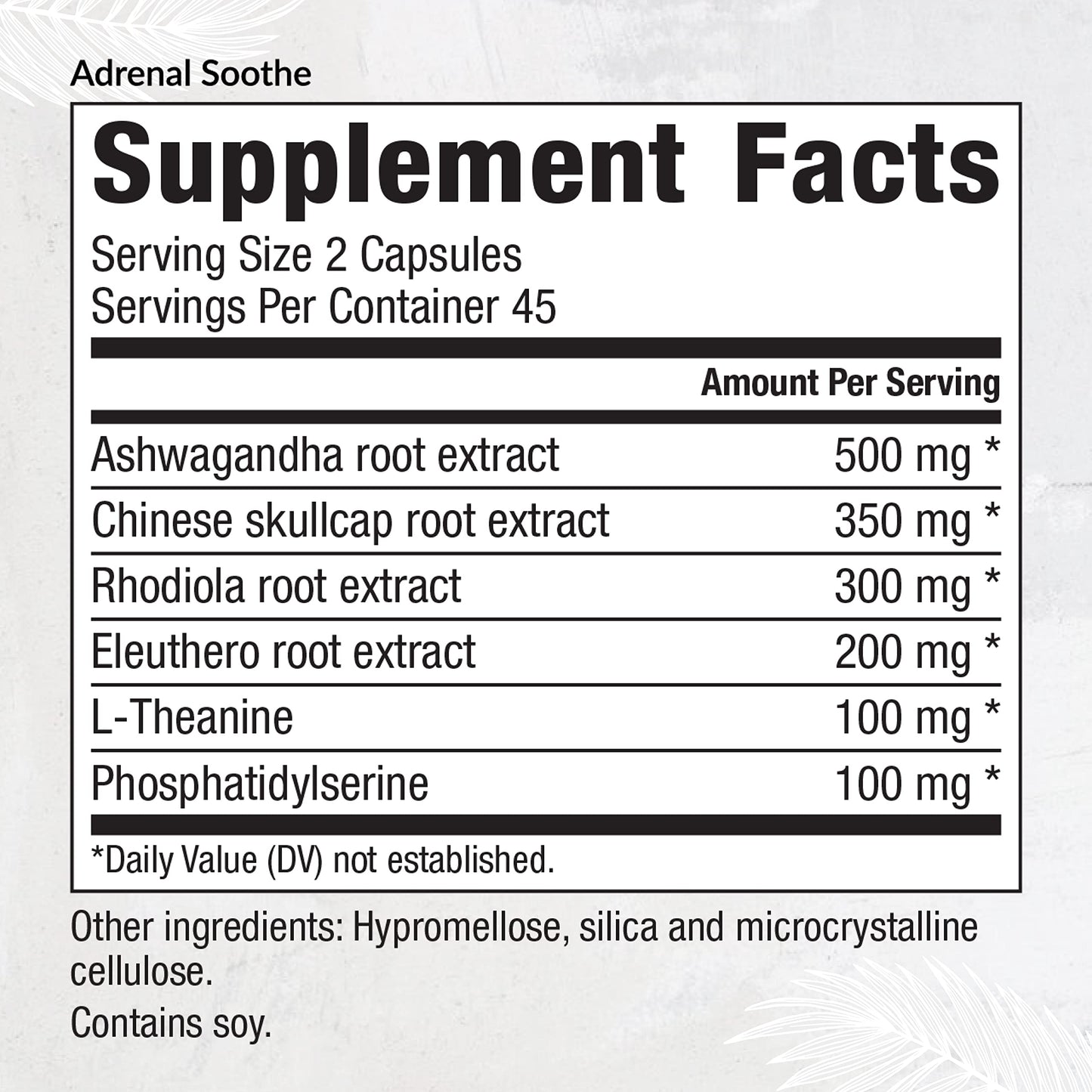 EquiLife herbal support supplement with ashwagandha and L theanine nutrition label