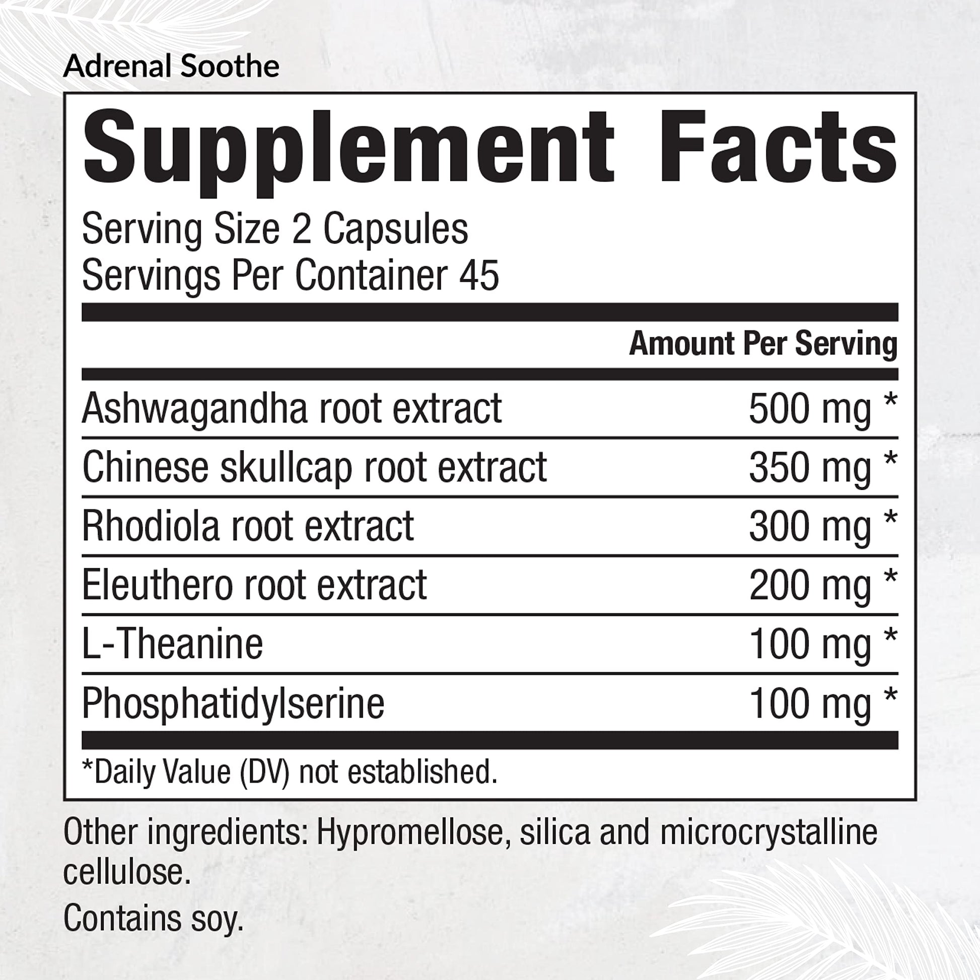 EquiLife herbal support supplement with ashwagandha and L theanine nutrition label