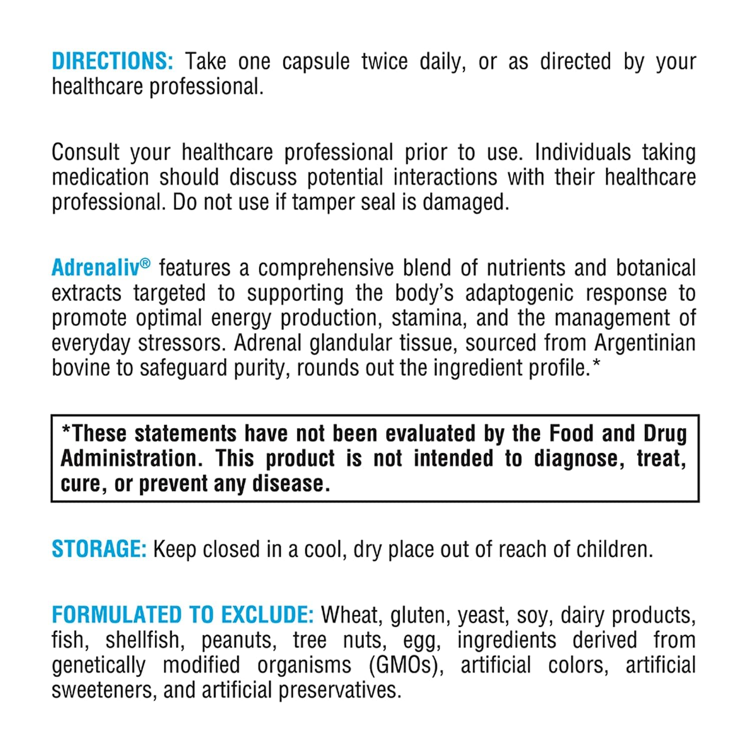 Xymogen Adrenaliv nutritional supplement bottle showing directions for use and dosage