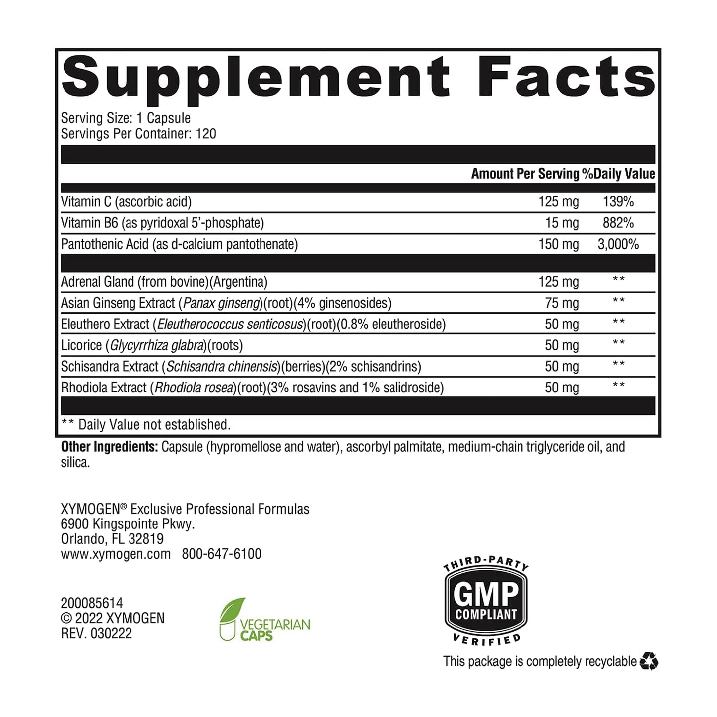Authentic USA imported Xymogen Adrenaliv 120 capsules dietary supplement details